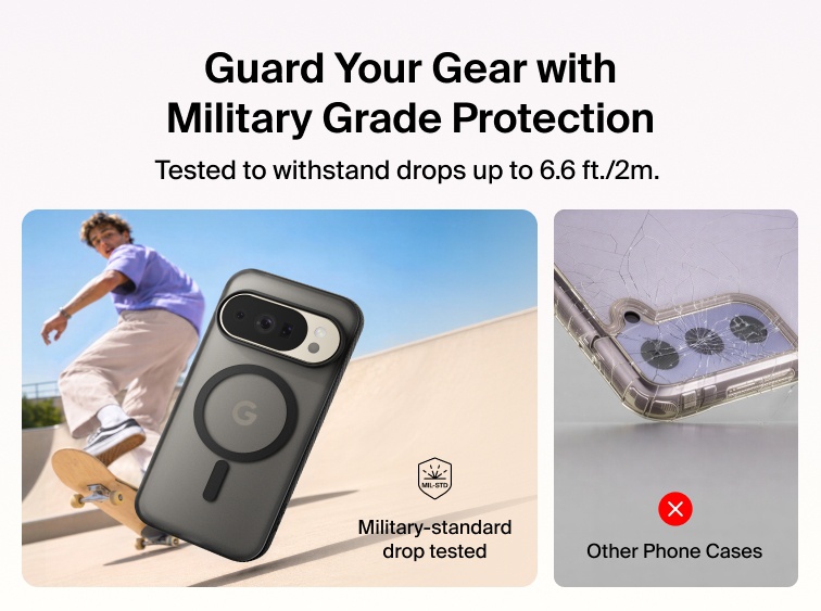 Belkin Grip Series Case for Google Pixel 11 with 6.6-foot military-grade drop protection shown alongside impact resistance comparison and skateboard lifestyle scene.