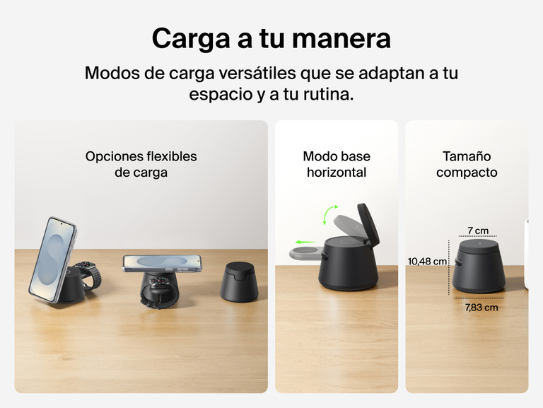 La estaci&oacute;n de carga modular con Qi2 de 25 W Belkin UltraCharge ofrece una gran flexibilidad de carga al permitir su uso como soporte vertical o base horizontal. Adem&aacute;s, su dise&ntilde;o compacto ahorra espacio para facilitar su uso diario con cualquier dispositivo y en cualquier entorno.