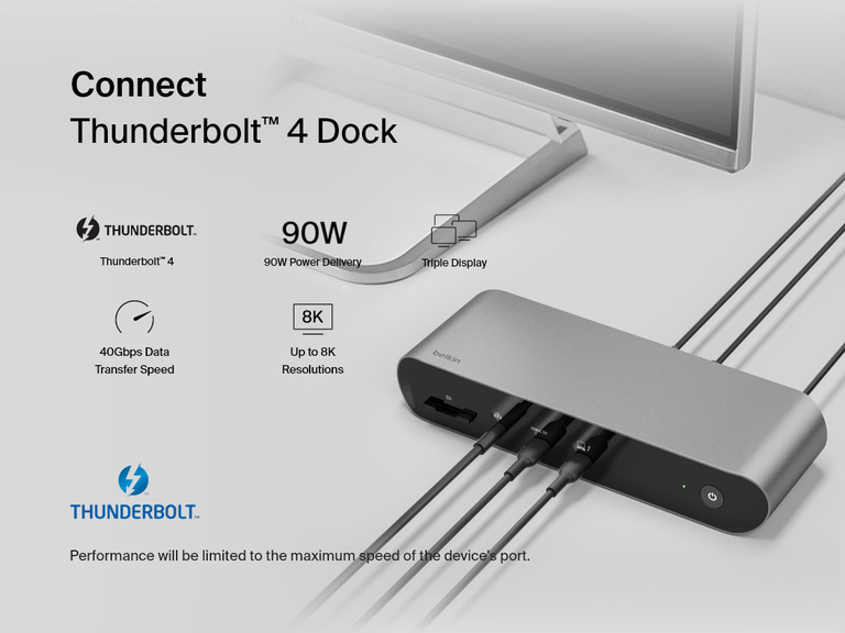 Belkin Connect Pro Thunderbolt 4 Dock shown on a desk connected to multiple devices, highlighting features like 90W power delivery, triple display support, 40Gbps data transfer speed, and up to 8K resolution.