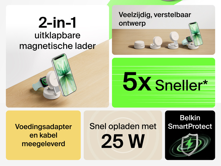 De Belkin UltraCharge Pro 2-in-1 verstelbare magnetische lader met Qi2 25W heeft een veelzijdige vormgeving, biedt magnetische bevestigingsmogelijkheid van je apparaat en laadt je toestel tot 5 keer sneller draadloos op. Hij wordt bovendien geleverd met voedingsadapter en -kabel.