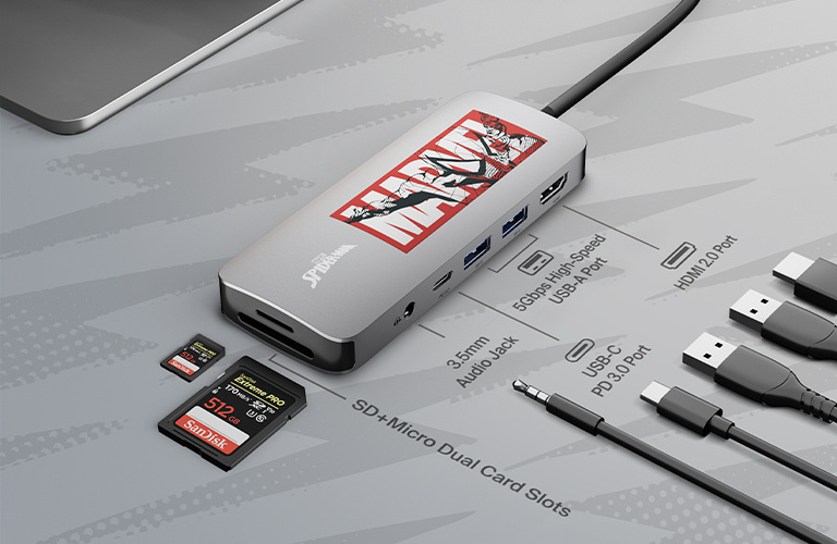 Image showing labeled ports on the Belkin Connect USB-C 7-in-1 Multiport Hub, including a micro SD card reader, SD 3.0 card reader, 3.5mm audio in/out, USB-C PD 3.0, two USB-A BC1.2 ports, and a 4K HDMI 2.0 port.