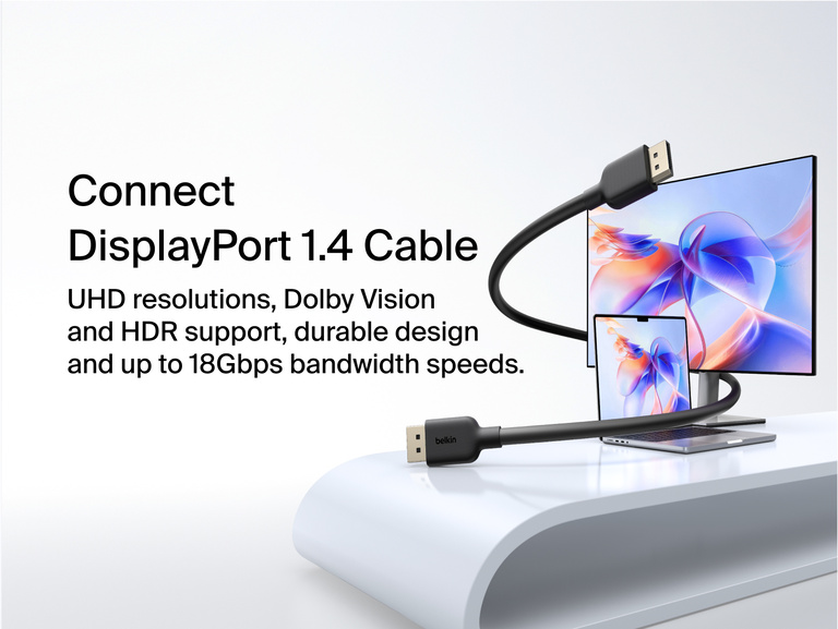 Connect DisplayPort 1.4 Cable plugged into a monitor and laptop, supporting UHD resolutions, Dolby Vision, HDR, and up to 18Gbps bandwidth speeds