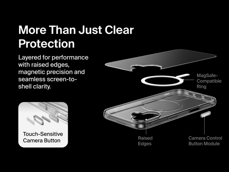 Belkin SheerForce Clear Series Case for iPhone 17 with raised edges, MagSafe-compatible ring, touch-sensitive camera button, and layered clear protection design.