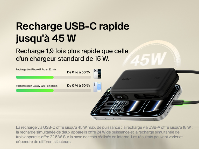 Belkin UltraCharge 10K power bank with integrated USB-C cable and digital display delivering up to 45W fast charging for smartphones and portable devices