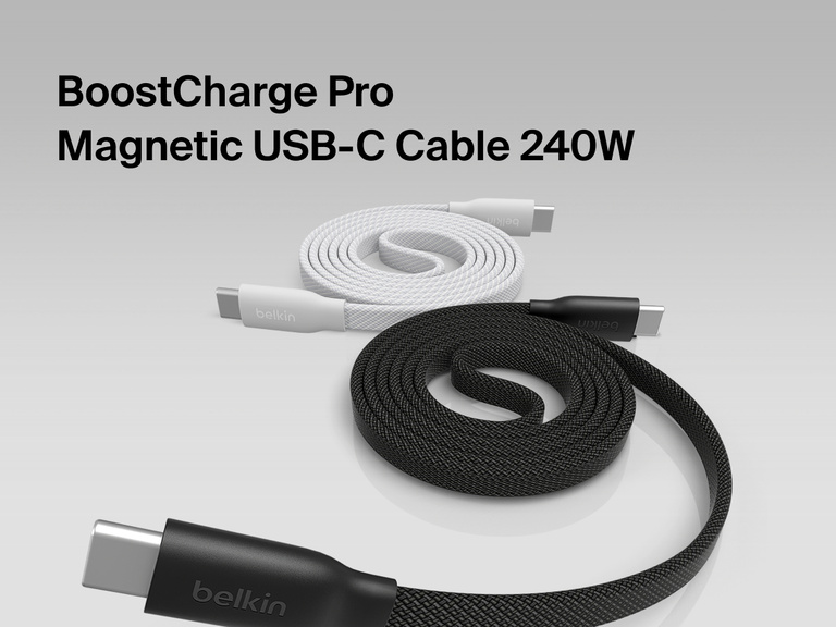 BoostCharge Pro Magnetic USB-C Cable 240W shown coiled with magnetic USB-C connectors, designed for fast, high-power charging and durable everyday use.