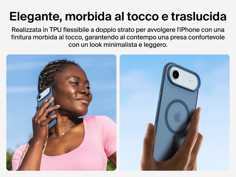 Belkin SheerForce Grip Series Case for iPhone 17 with slim translucent design and soft-touch finish for a comfortable grip.