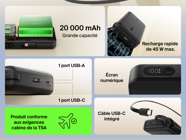 Belkin UltraCharge 20K 45W power bank with integrated USB-C cable, digital display, dual ports, and high-capacity battery for fast, travel-ready charging