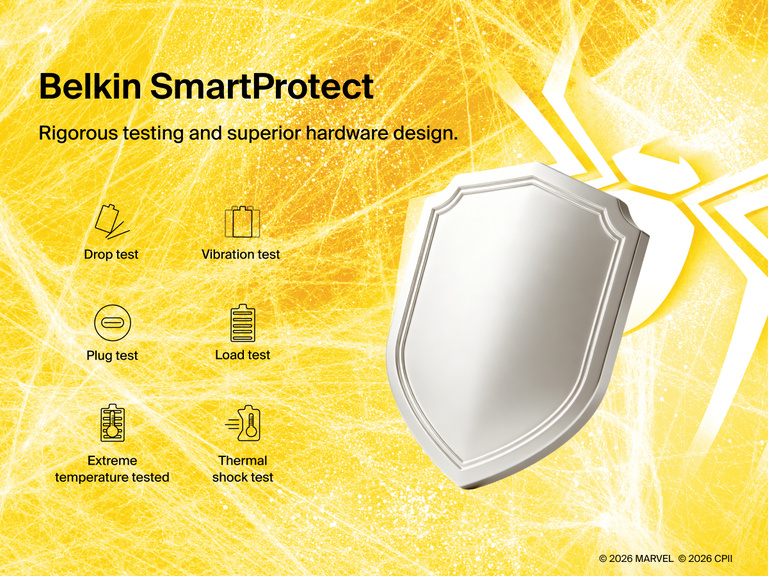 Belkin BoostCharge Power Bank 10K with Integrated Cable features SmartProtect safety testing for reliable protection against everyday charging conditions.