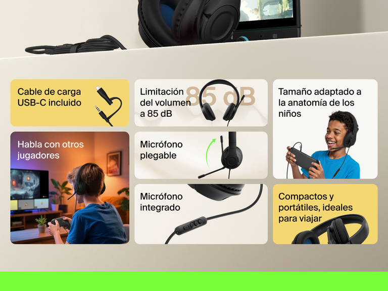 Llamadas de funciones para los auriculares para niños Inspire con micrófono y cable de Belkin Gaming para Nintendo Switch 2, destacando el ajuste ergonómico a la medida de los niños, el límite al volumen de 85 dB, el micrófono plegable e integrado, su idoneidad para hablar con otros jugadores, el cable USB-C incluido y el diseño compacto y portátil.
