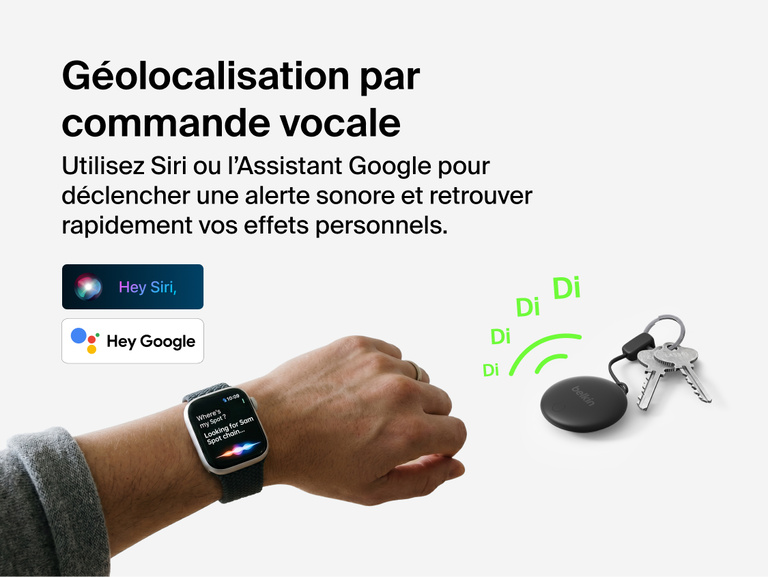 Image du tracker Belkin SureFind Spot accroch&eacute; &agrave; des cl&eacute;s illustrant son alerte sonore en utilisant les commandes vocales Siri ou Google&nbsp;Assistant pour aider l'utilisateur &agrave; g&eacute;olocaliser des effets personnels.