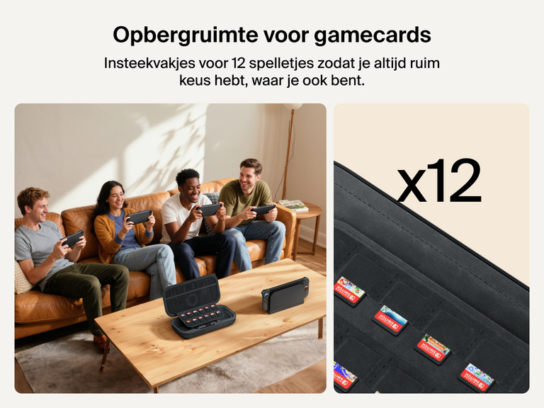 Vier vrienden spelen op Nintendo Switch 2-consoles terwijl de Belkin Gaming opberghoes met powerbank opengeklapt op tafel ligt, waarmee duidelijk getoond wordt dat de hoes opbergruimte biedt voor 12 gamecards.