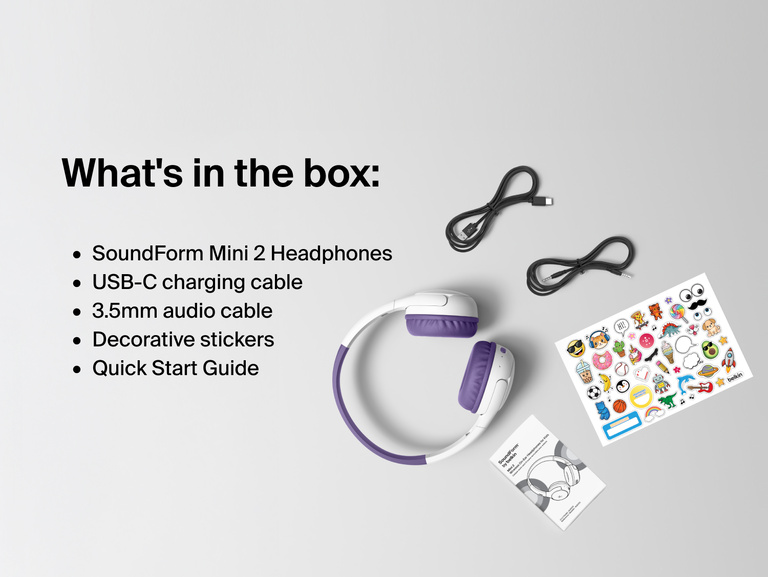SoundForm Mini 2 Wireless On-Ear Headphones for Kids package contents laid out: headphones, USB-C charging cable, 3.5mm audio cable, decorative sticker sheet, and Quick Start Guide, with a Whats in the box label