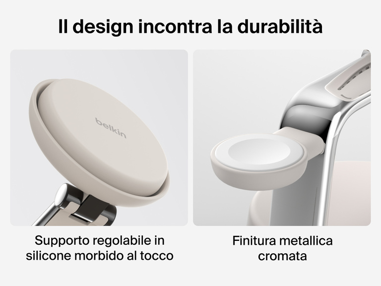 Il dock di ricarica magnetica 3 in 1 con Qi2 da 25 W Belkin UltraCharge Pro presenta un supporto regolabile con rivestimento in silicone morbido e finitura metallica cromata per un design durevole e di qualità.