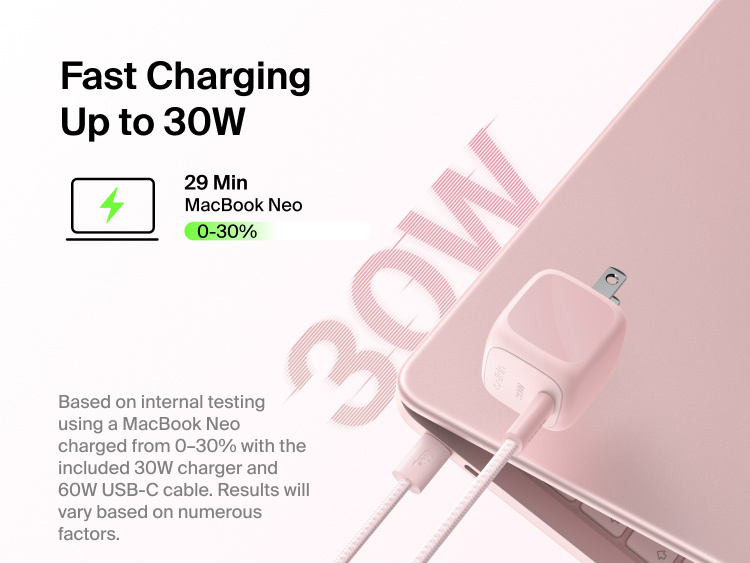 Belkin BoostCharge Compact USB-C Charger 30W fast charges a MacBook Neo from 0 to 30 percent in 29 minutes with the included braided USB-C cable.