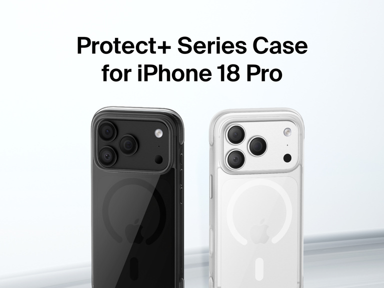 Belkin Protect+ Series Case for iPhone 18 shown on three phones with a protective design and integrated magnetic wireless charging ring.
