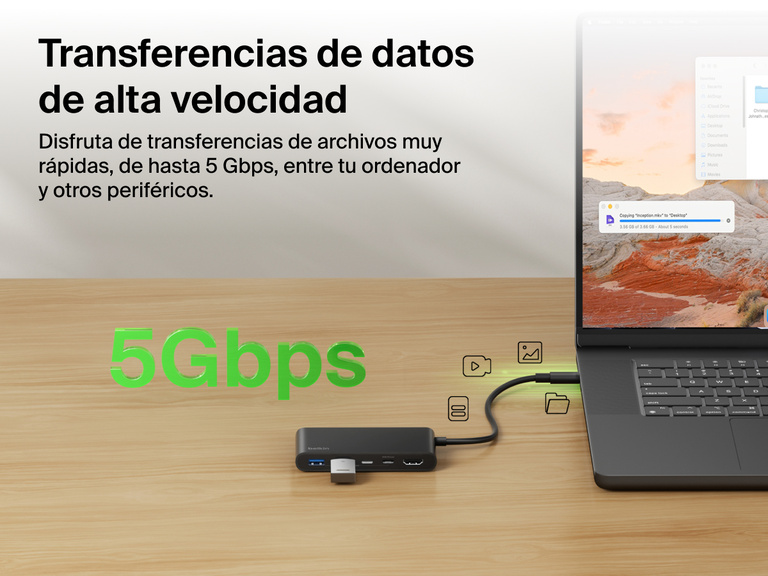 Belkin Connect 5-Port USB-C Hub with Dual USB-C Ports enables high-speed data transfer up to 5Gbps between laptop and connected devices.