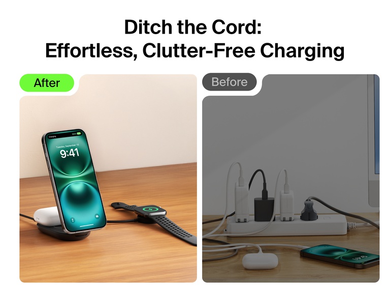 Belkin UltraCharge 2-in-1 Foldable Magnetic Charger with Qi2 25W offers a clutter-free alternative to messy cords by wirelessly charging iPhone, AirPods, and Apple Watch in one sleek setup.
