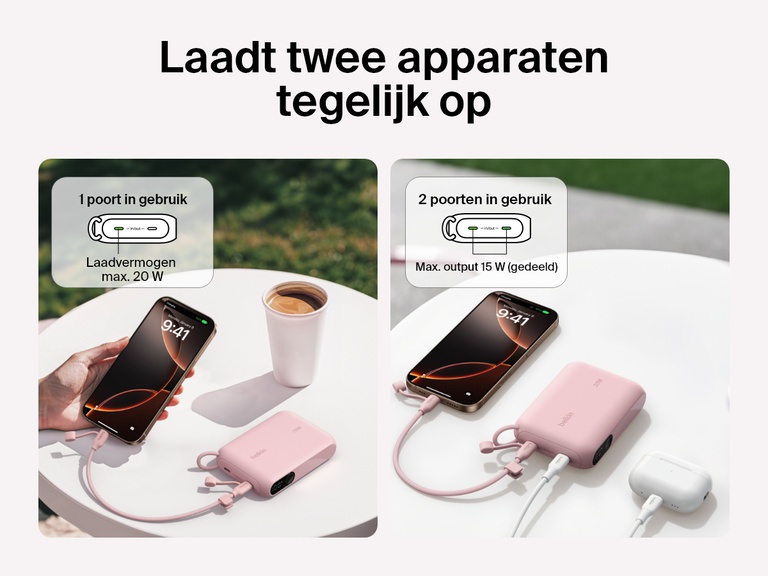 Visuele vergelijking van de Belkin BoostCharge 10.000mAh-powerbank met display die één apparaat met 20 W of twee apparaten tegelijk met een gedeeld uitgangsvermogen van 15 W oplaadt, waarbij een smartphone en draadloze oordopjes op een tafel van stroom worden voorzien.