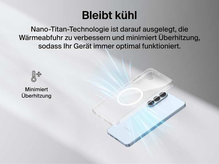 Belkin SheerForce Clear Series Case for Samsung Galaxy S26 shown with Nano-Titan technology supporting heat dissipation to minimize overheating while maintaining a slim, lightweight protective design.