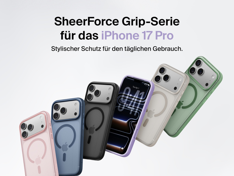 Belkin SheerForce Grip Series protective case for iPhone 17 shown in pink, clear, and black with slim design and MagSafe compatibility.