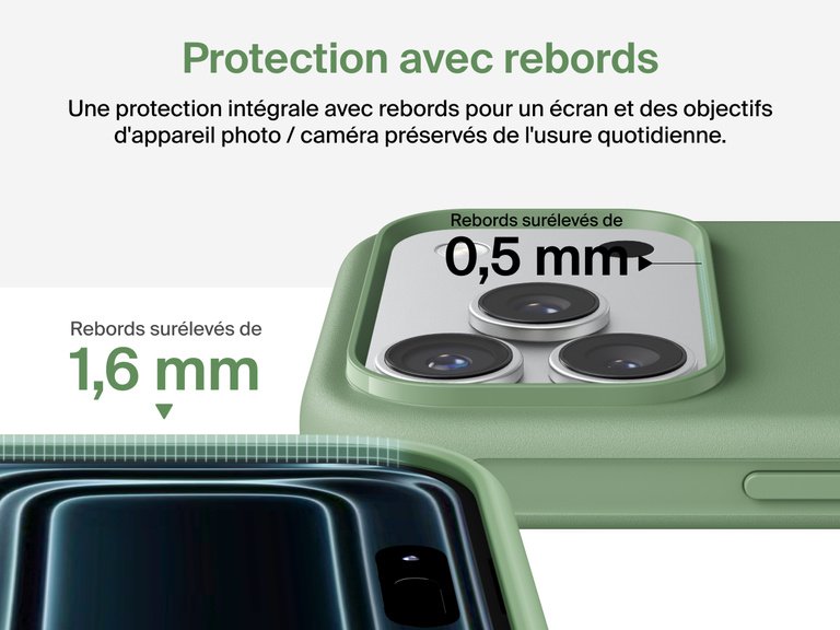 Coque de protection Belkin ScreenForce Protect Series pour iPhone 17 avec rebords et protection anti-impacts de chutes de moins de 4&nbsp;m.
