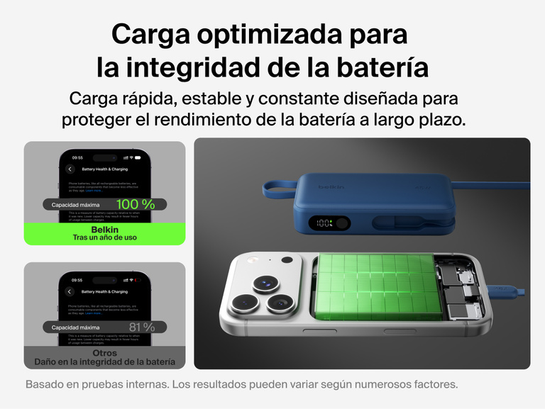 Belkin UltraCharge 10K power bank with integrated USB-C cable and digital display featuring optimized fast and stable charging to support long-term battery health