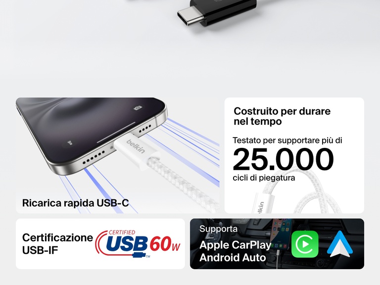 Infografica del cavo da USB-C a USB-C da 60 W Belkin BoostCharge ricco di funzionalità, tra cui certificazione USB-IF, resistenza a più di 25.000 piegamenti, ricarica rapida e compatibilità con Apple CarPlay e Android Auto.