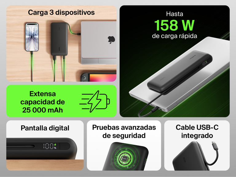 Belkin UltraCharge Pro Laptop Power Bank 25K charging multiple devices with integrated USB-C cable, 25,000 mAh capacity, up to 158W fast charging and digital display