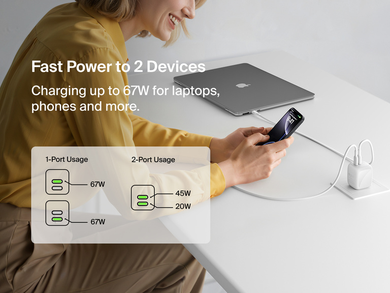 Belkin BoostCharge Pro Dual USB-C GaN Wall Charger 67W shown charging a laptop and smartphone simultaneously, delivering up to 67W total output for fast, efficient dual-device charging.
