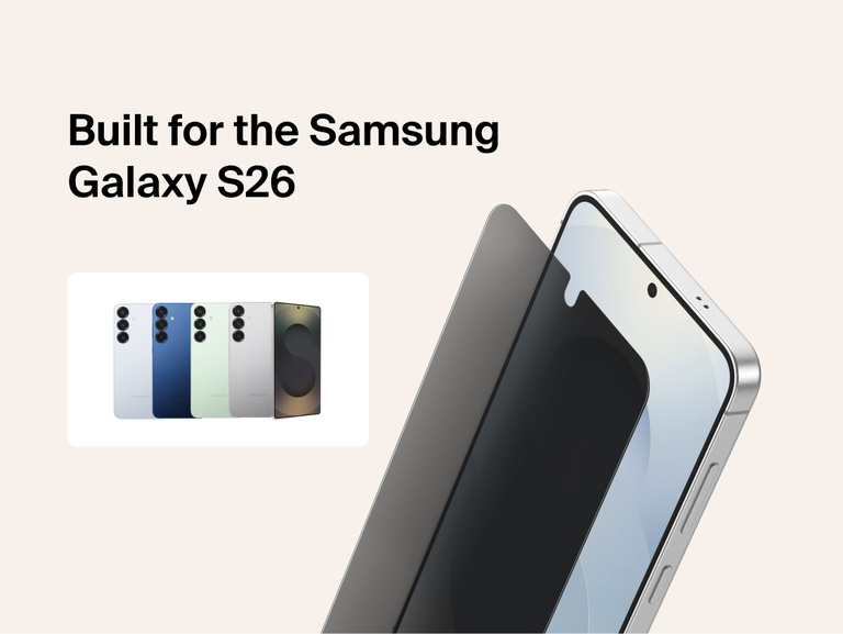 Belkin ScreenForce Titan EcoGuard Privacy Filter Screen Protector precisely designed for Samsung Galaxy S26, shown aligned to the display to help block side views while maintaining touch responsiveness and everyday screen protection.