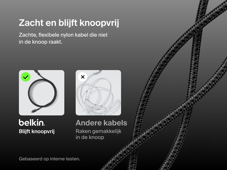 Belkin BoostCharge USB-C to Micro-USB Braided Cable 15W displayed with soft, flexible nylon construction that resists tangling, shown alongside a comparison to typical easily tangled cables.