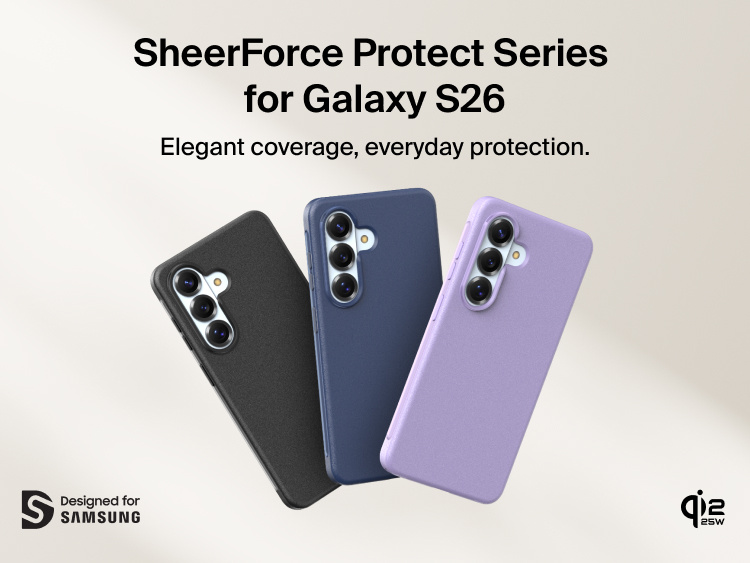 Belkin SheerForce Protect Series Case for Samsung Galaxy S26 shown on device, offering slim, durable everyday protection with a precision fit designed for Samsung compatibility.