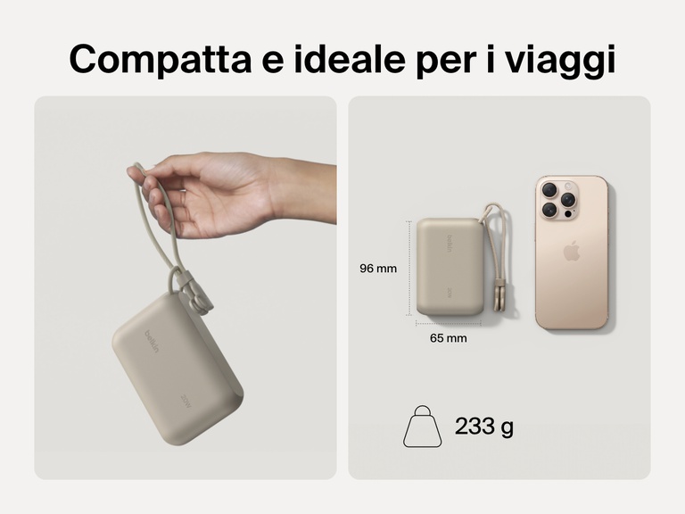 Una mano che impugna la power bank 10K con display BoostCharge Belkin, con accanto uno smartphone, a evidenziare il design ideale per i viaggi, con dimensioni di 9 x 6,5 cm e un peso di soli 233 g.