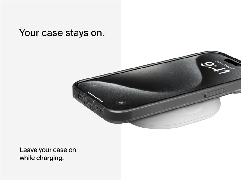 A white Belkin BoostCharge Pro Convertible Magnetic Wireless Charging Stand with Qi2 15W charges a cased iPhone lying flat, emphasizing compatibility with phone cases during charging.