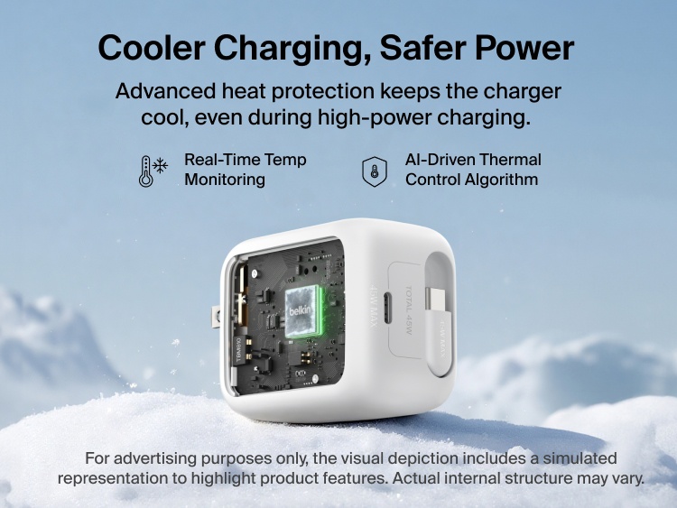 Belkin UltraCharge 45W retractable GaN wall charger with advanced thermal management, real-time temperature monitoring, and AI-driven cooling for safer, efficient fast charging