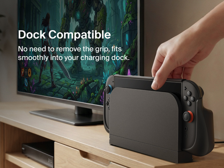 Belkin Gaming Grip for Nintendo Switch 2 fits seamlessly into the charging dock without removing the grip for convenient docking and charging.