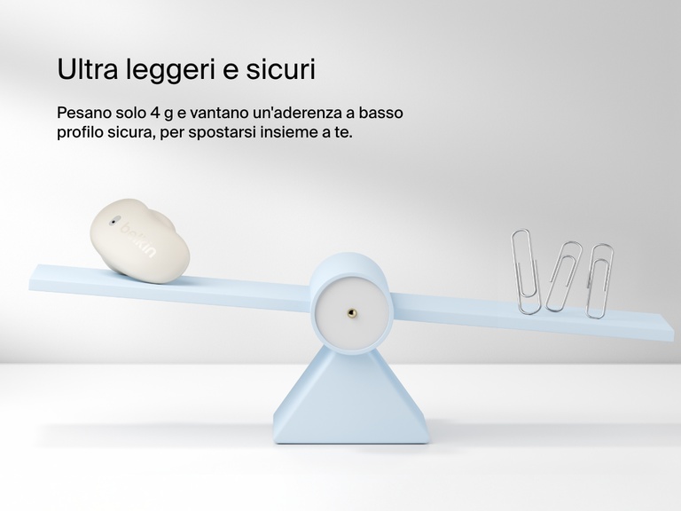 Belkin SoundForm Anywhere Wireless Earbuds shown on a balance scale highlighting ultra-light 4g weight and secure low-profile fit.