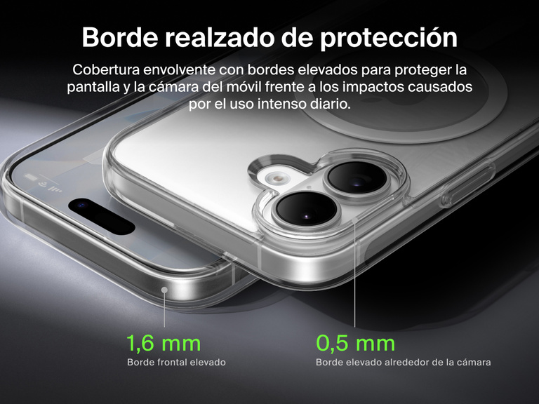 Belkin SheerForce Clear Series Case for iPhone 17 with elevated edge protection featuring 1.6mm front raised edge and 0.5mm camera raised edge for 360-degree coverage.