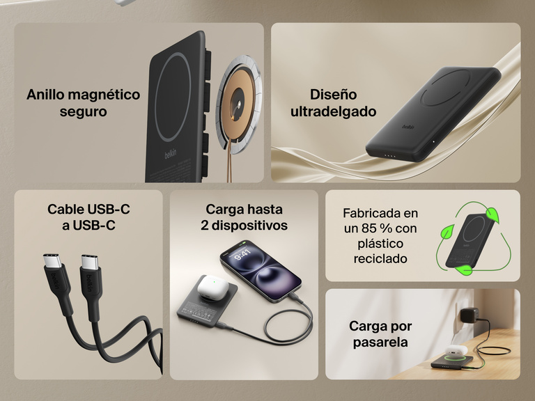 Belkin BoostCharge Slim Magnetic Power Bank 5K shown highlighting key features including secure magnetic ring, ultra-slim design, USB-C to USB-C cable, dual device charging, recycled materials, and pass-through charging capability.