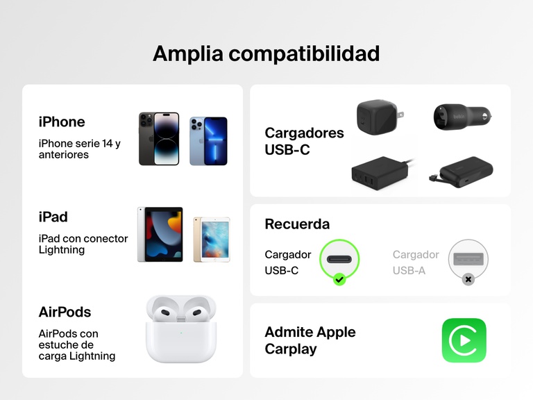 Cable Belkin BoostCharge USB-C con conector Lightning, que ofrece amplia compatibilidad con iPhone 14 y versiones anteriores, iPad con conector Lightning y AirPods, y admite Apple CarPlay cuando se usa con cargadores USB-C.