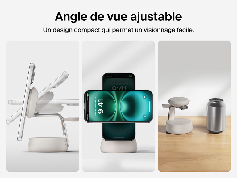 Station de recharge aimantée 3-en-1 Belkin UltraCharge Pro avec Qi2 (25 W) dotée d'un support inclinable pour smartphone, peu encombrant, idéal pour un visionnage optimal du contenu de l'écran.