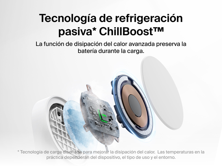 El cargador magnético plegable 2 en 1 con Qi2 25W Belkin UltraCharge incluye tecnología de refrigeración pasiva ChillBoost™ que ofrece una disipación del calor avanzada para preservar la batería del dispositivo conectado durante el proceso de carga.
