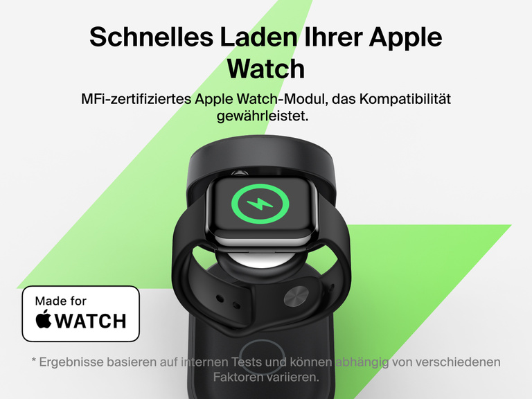 Die Belkin UltraCharge faltbare magnetische 3-in-1-Ladestation mit Qi2 25W lädt die Apple Watch Series 10 mit einem MFi-zertifizierten Lademodul in 30 Minuten auf 80 % auf.