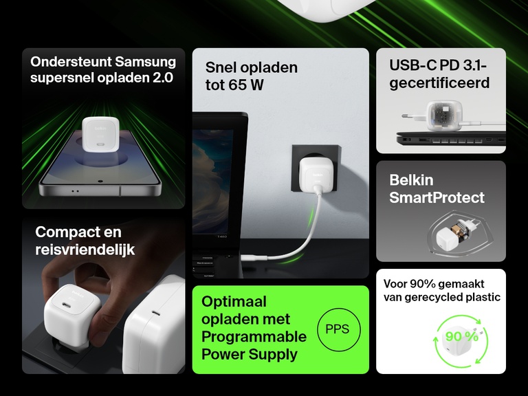 Afbeelding van het productkenmerkenoverzicht van de Belkin BoostCharge compacte 65 W USB-C-wandlader. De kenmerken zijn: PPS voor optimaal opladen, Samsung supersnel opladen 2.0, USB-C PD 3.1-certificering en milieuvriendelijk design dat voor 90% gemaakt is met gerecycled plastic.