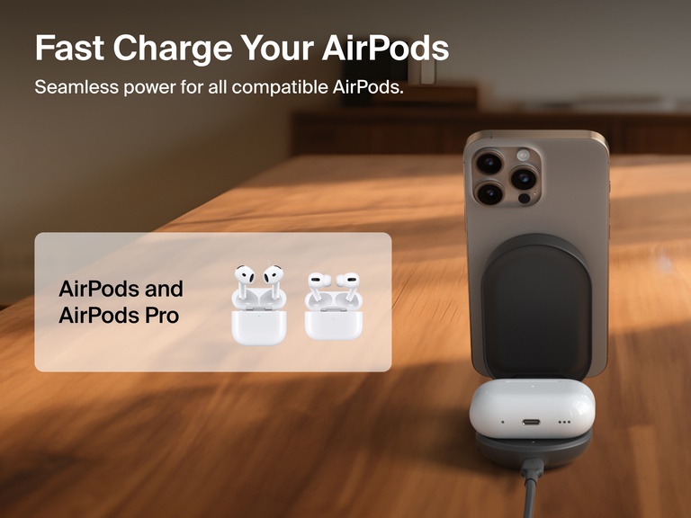 Belkin UltraCharge 2-in-1 Foldable Magnetic Charger with Qi2 25W shown fast charging iPhone and AirPods on a wooden surface, compatible with AirPods and AirPods Pro.