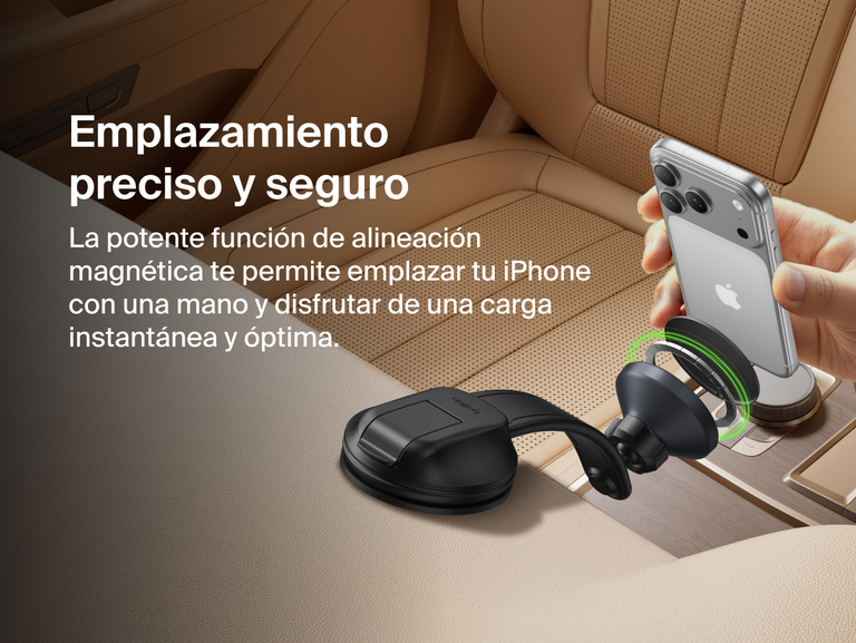 Belkin BoostCharge Magnetic Wireless Charging Car Vent and Dash Mount shown aligning an iPhone with strong magnetic attachment for quick, secure one-handed placement and instant charging.