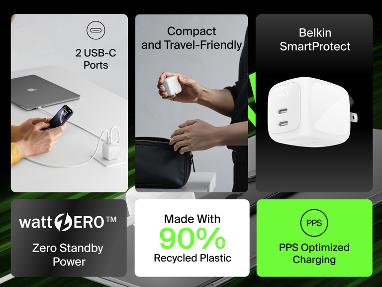 Belkin BoostCharge Pro Dual USB-C GaN Wall Charger 67W shown highlighting dual ports, PPS fast charging, SmartProtect safety, and eco-friendly design made with 90% recycled plastic