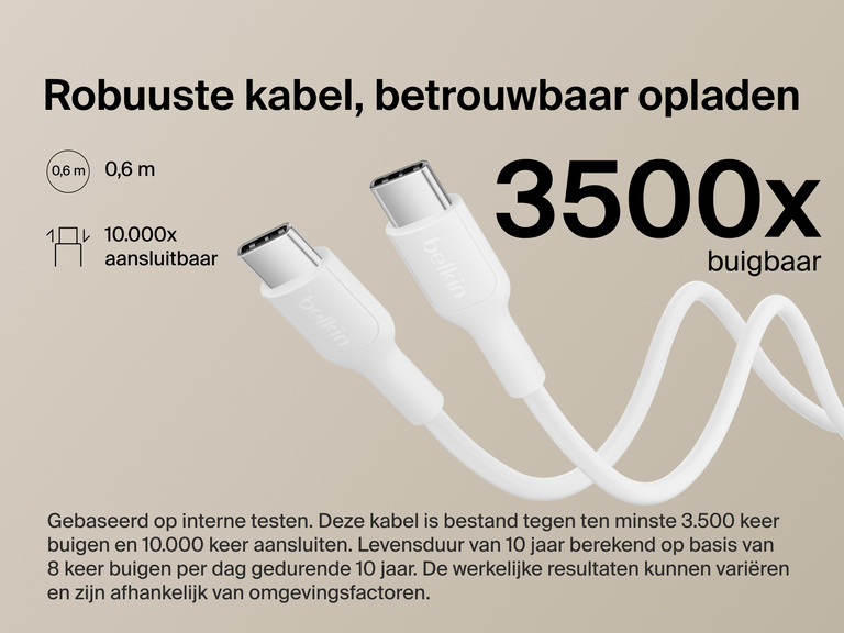 Belkin BoostCharge Slim Magnetic Power Bank 5K shown with durable USB-C to USB-C cable designed for 3,500+ bends and reliable long-lasting charging performance.