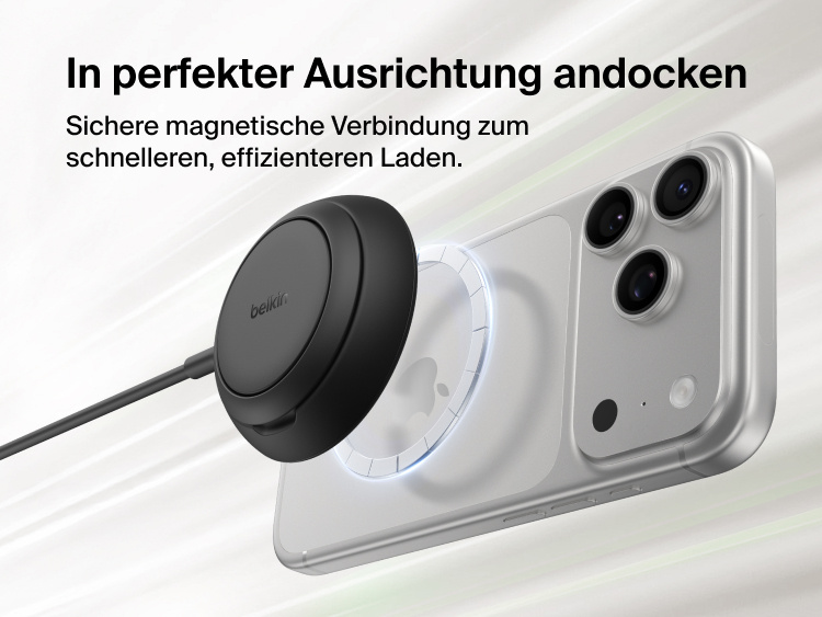 Das Belkin UltraCharge magnetische Ladeger&auml;t mit Qi2 25W wird in perfekter Ausrichtung zum effizienten, induktiven Laden an die R&uuml;ckseite eines Smartphone angedockt gezeigt.