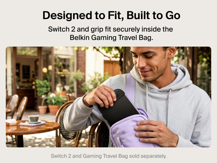 Belkin Gaming Grip for Nintendo Switch 2 fits securely inside the Belkin Gaming Travel Bag for portable storage and travel-ready protection.